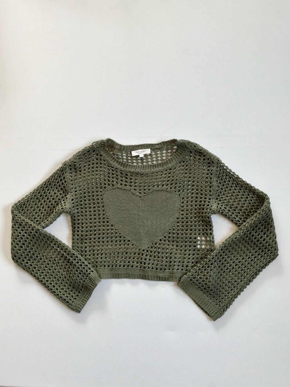 No Comment Olive Open-Knit Heart Crop Sweater